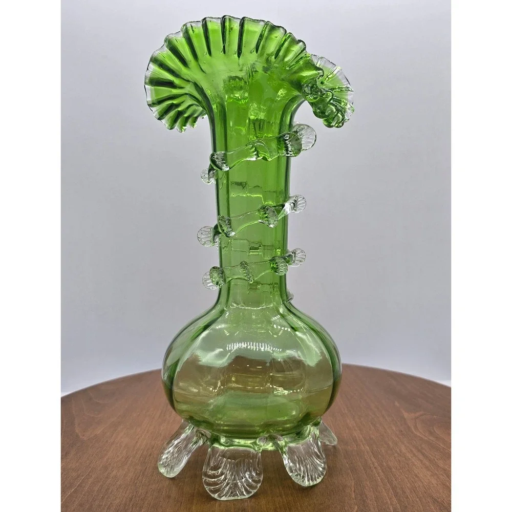 Late 1800's Antique Stevens & Williams Green Art Glass Vase with Applied Rigaree